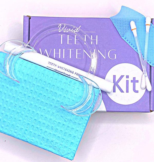 Vivid Teeth Whitening kit with whitening pen, cheek retractor and dental bib.