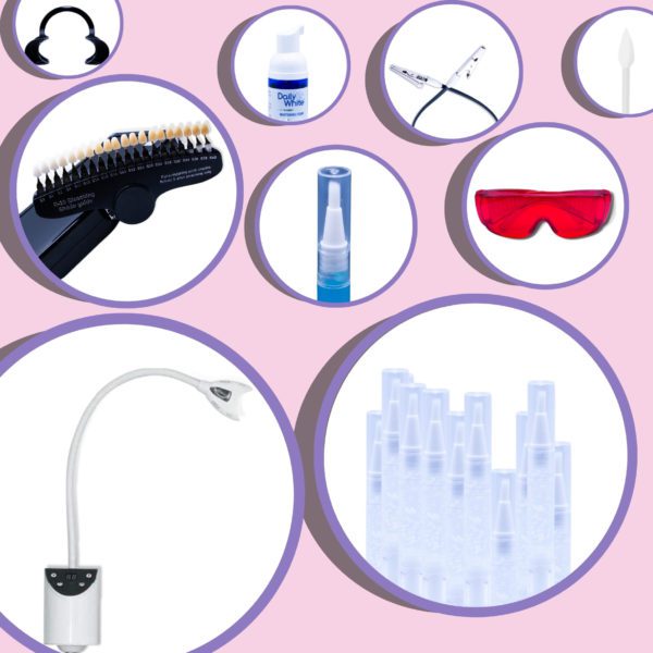 Cosmetic teeth whitening package with whitening pen, light, glasses and products