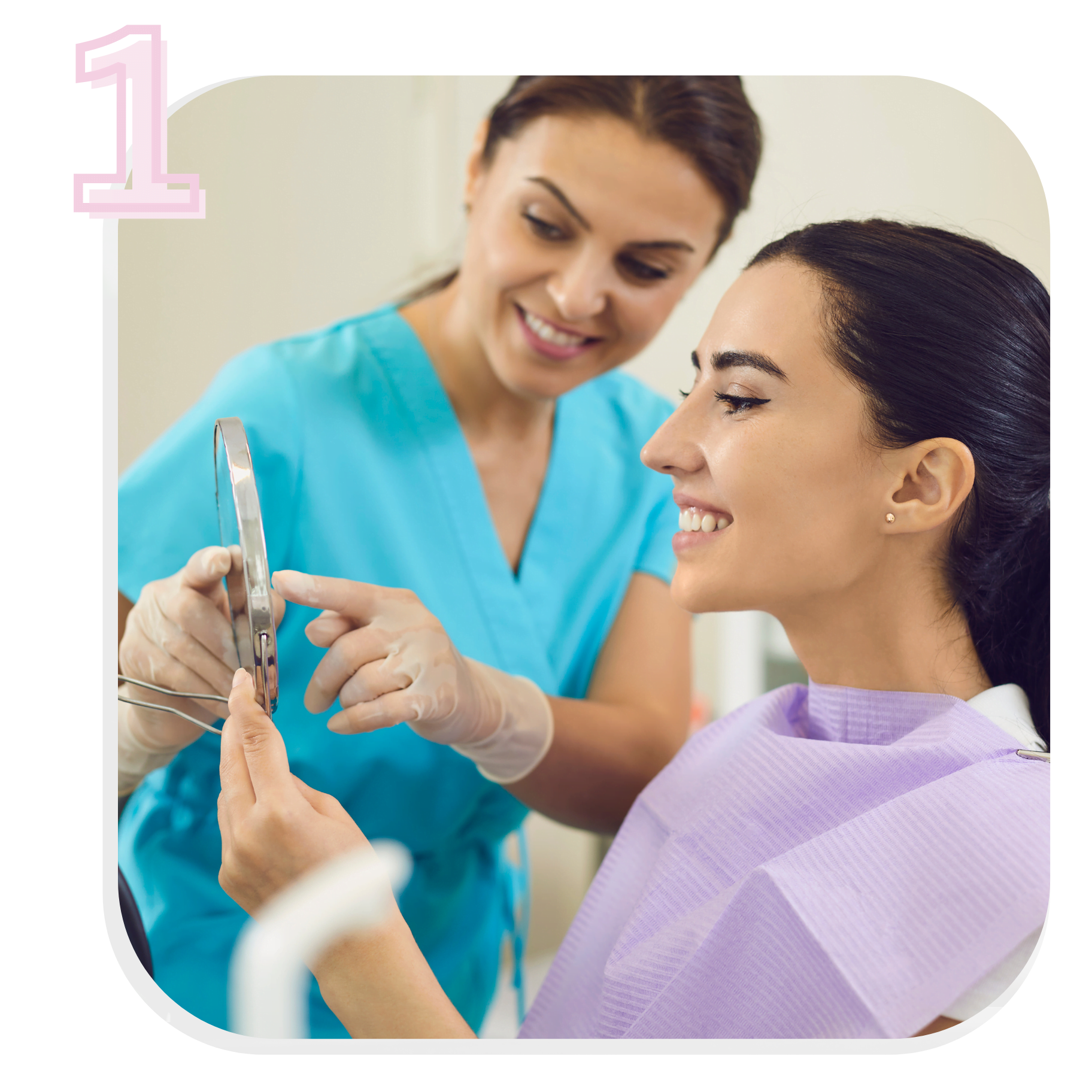 Woman looking into mirror after a teeth whitening treatment. Step 1 is to become trained and certified.
