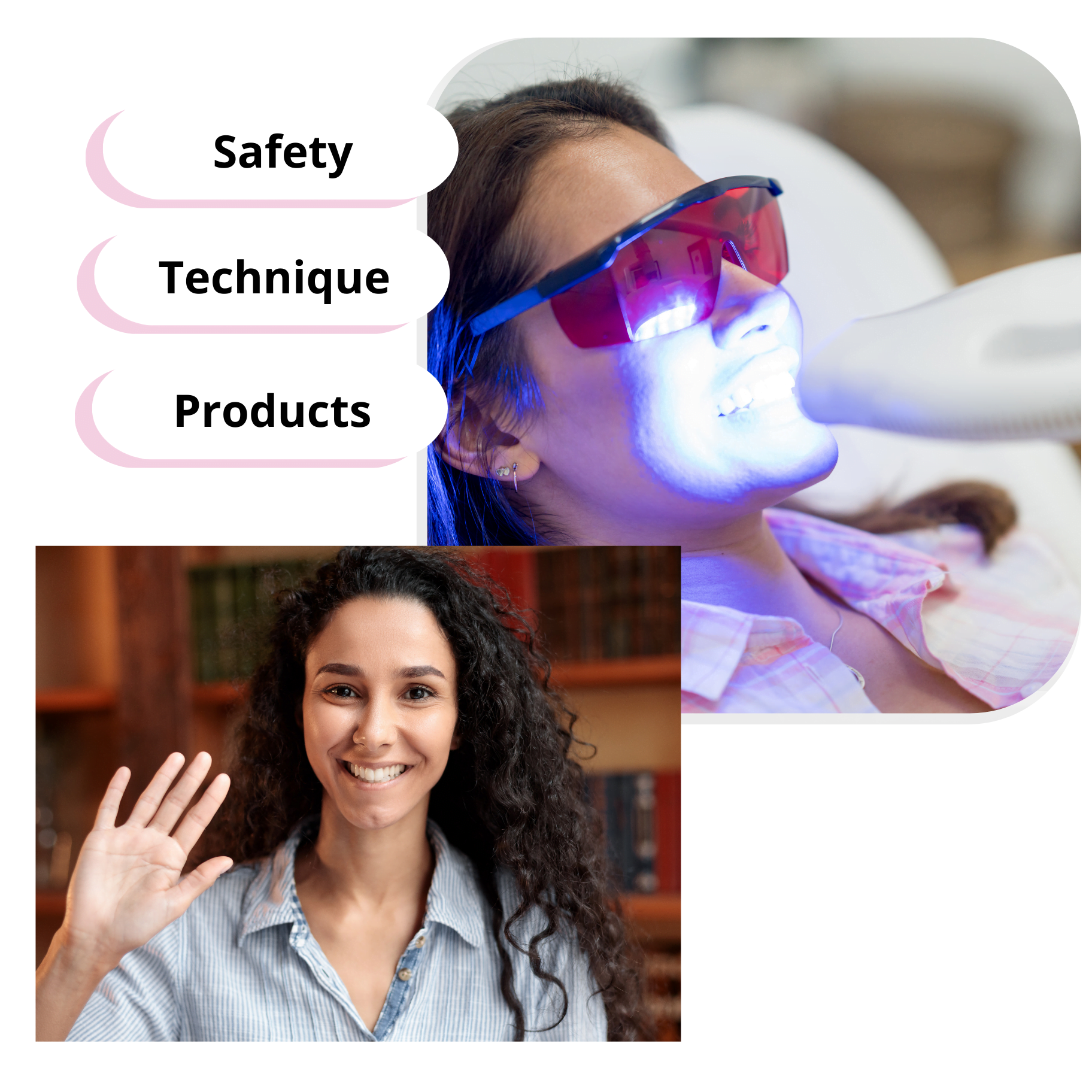 Modern professional teeth whitening technique and chart showing what you will learn in the course.